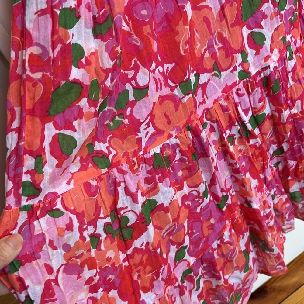 BANJANAN Norma Dress Womens XL Pink Floral Maxi Cotton Short Sleeve Pockets - Picture 7 of 8